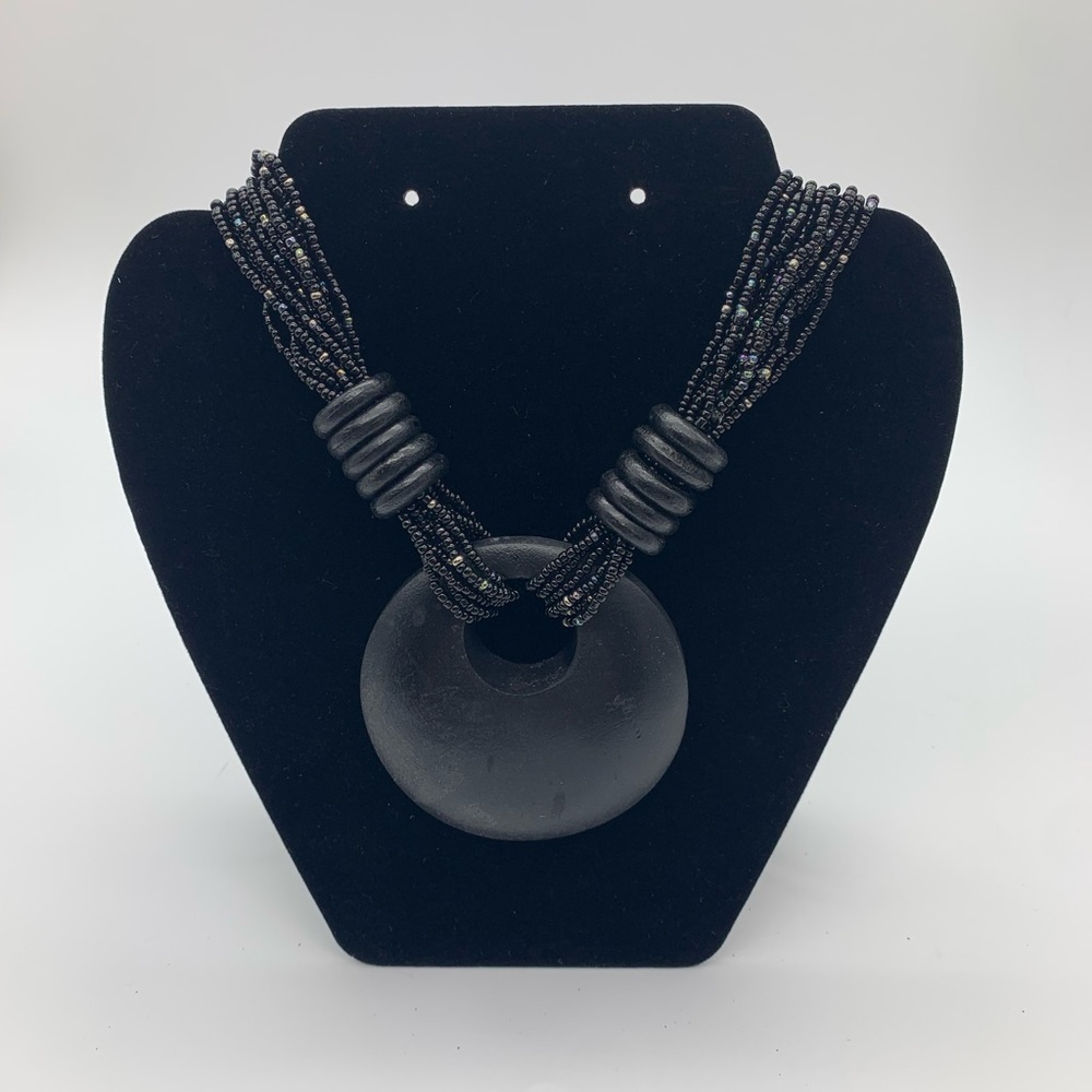 Multi Bead With Wooden Round Pendant 13” Women’s Necklace (Adjustable)